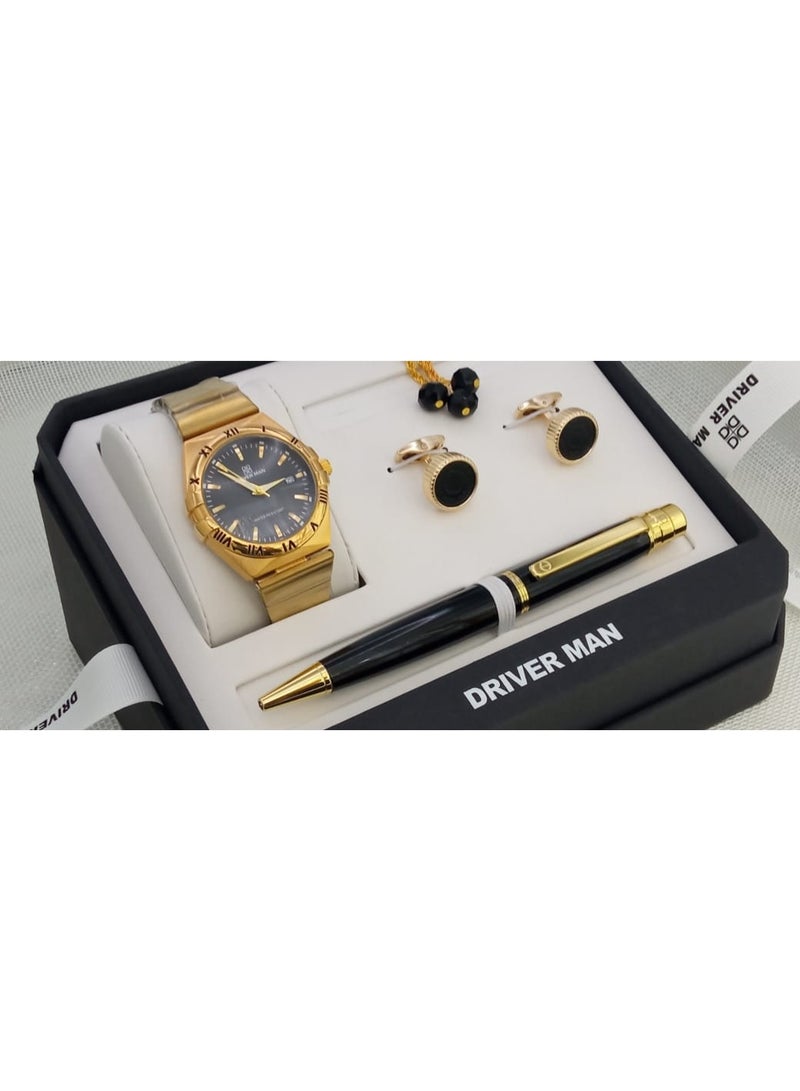 A wonderful stainless steel men's set consisting of a watch, a rosary, a pen and cufflinks half steel